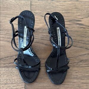 Manolo Blahnik Glossy Black Strappy Heels